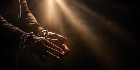 In a shadowy setting, hands are intertwined as cold metal handcuffs click into place. The atmosphere is tense, illuminated by soft rays of light breaking through the darkness.の素材