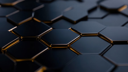 Intricate metallic hexagonal tiles glisten under gentle lighting, showcasing a blend of sharp edges and reflective surfaces that create a captivating visual effect.の素材