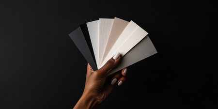 A hand gracefully displays an array of wall paint samples showcasing various shades, from dark black to soft neutrals, against a contrasting dark background. The textures highlight their beauty.の素材