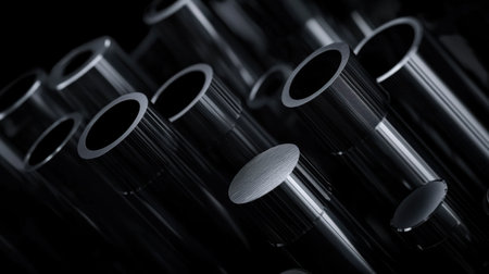 An extreme close-up reveals the intricate textures of a pipe joint, showcasing a blend of metallic surfaces and shadows, emphasizing the craftsmanship and industrial design at play.の素材