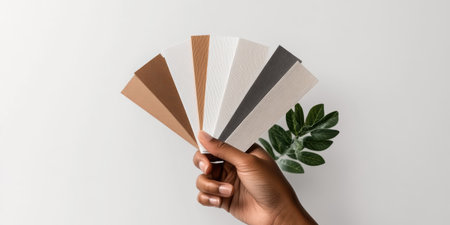A hand holds a vibrant assortment of wall paint samples against a neutral backdrop, showcasing various textures and colors. This moment captures creativity and personalization in interior design.の素材