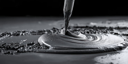 A skilled worker meticulously smooths fresh concrete with a trowel, preparing the surface for a durable finish. The focus highlights the texture and sheen of the wet material in the evening light.の素材