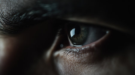 A close-up view reveals the intricate patterns and reflections in a unit dog's eye, highlighting captivating colors and textures under natural light, evoking an intense connection with the viewer.の素材