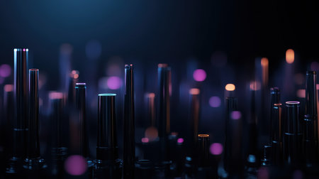 Colorful optical fiber cables emit a mesmerizing glow in a dark environment, showcasing vibrant hues and patterns that dance among the cables. A captivating visual feast unfolds in the shadows.の素材