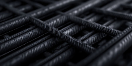 Close-up view reveals an intricate arrangement of reinforced steel bars, displaying their robust texture and geometry. This contrast highlights the essence of construction and structural integrity.の素材