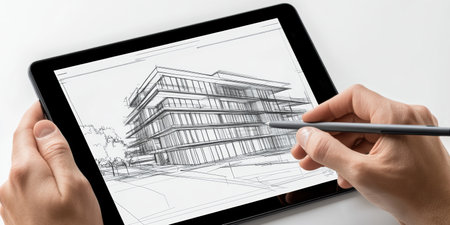 Hands of an architect are intently sketching a modern building design on a digital tablet. The plan features sleek lines and innovative spaces, showcasing creative vision for a new structure.の素材