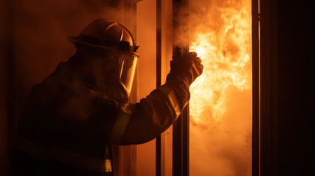 In a dramatic display of bravery, a fireproof glove holds the door handle against a backdrop of fierce flames and smoke, showcasing the courage required in firefighting.の素材