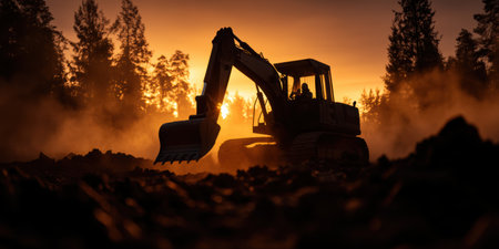 As dawn breaks, the tranquil landscape comes alive with the sound of machinery. An excavator works diligently, silhouetted against the warm glow of the rising sun, unveiling the earth's secrets.の素材