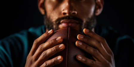 An athletic man grips a rugby ball firmly, his intense gaze directed forward. The dark background accentuates his determination and discipline, embodying the spirit of competitive sports.の素材