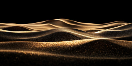 Golden grains of sand glisten under sunlight, showcasing delicate textures and patterns carved by whispering winds. A serene landscape captures the beauty of nature's artistry at dusk.の素材