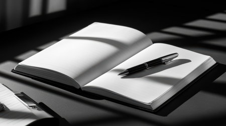 Illuminated by soft sunlight, a police notebook lies open beside a sleek pen, casting shadows on a textured desk. The silence suggests a moment of contemplation in a busy day.の素材