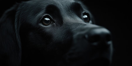Capturing the intense connection between a canine and its environment, this close-up reveals the soulful expression and depth of emotion in the dog's eyes, a true testament to its bond with humans.の素材