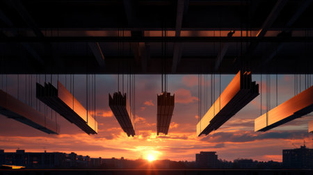 As the sun rises, cranes soar into the sky, lifting steel beams with precision. The vibrant colors of dawn cast a warm glow on the bustling construction site, symbolizing new beginnings.の素材