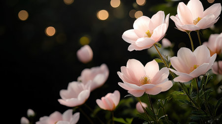Delicate pink blossoms sway gently in a spring garden, surrounded by soft bokeh lights that create a magical atmosphere. Nature awakens with vibrant colors and fragrant blooms, inviting tranquility.の素材