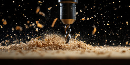 Close-up shows a drill bit actively penetrating the surface of a wooden piece. Wood shavings scatter in the air, capturing a moment of precision and artistry in woodworking.の素材