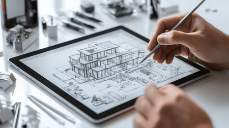 Hands of an architect skillfully sketch a detailed building plan on a digital tablet amidst a workspace filled with architectural tools. Innovative designs come to life in this artistic moment.の素材