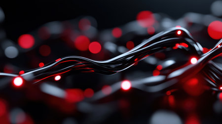 An intricate web of black wires intertwines against a deep backdrop, illuminated by a series of vibrant red lights. This modern abstract design evokes feelings of connectivity and innovation.の素材