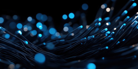 Intricate blue circuit lines radiate a luminous glow against a stark black backdrop, creating an ethereal atmosphere that captivates the imagination and seems to pulse with energy.の素材