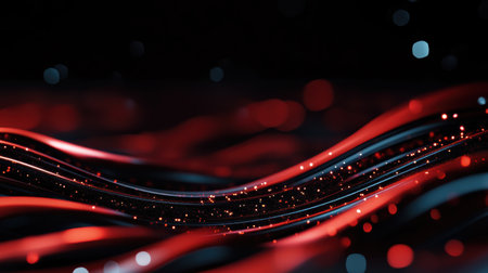 This vivid abstract composition showcases flowing waves in shades of red and black, evoking a sense of modern technology. Sparkling details enhance the atmosphere of innovation and creativity.の素材