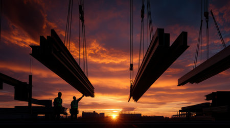 As the sun emerges on the horizon, cranes gracefully maneuver steel beams, silhouetting workers amidst vibrant hues of orange and purple. A dynamic start to the day unfolds.の素材