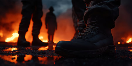 In the heart of a chaotic scene, emergency personnel stand resolute, their sturdy boots pressing against the ground. Flames flicker in the distance, highlighting their commitment to saving lives.の素材