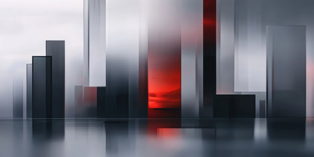An abstract landscape of towering structures that reflect a bold red glow. The interplay of light and shadow creates an atmosphere of innovation and excitement.の素材