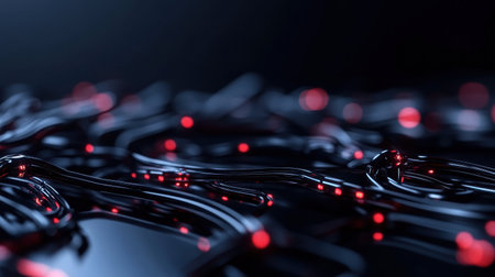 A vibrant display of abstract modern technology unfolds, with glowing red strands intertwining against a sleek dark backdrop. This visual represents innovation and connectivity in a digital age.の素材