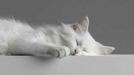 A fluffy white kitty lounges comfortably, its delicate paw gently resting on a soft white background. The serene moment captures the essence of feline tranquility amid soft chaos.の素材