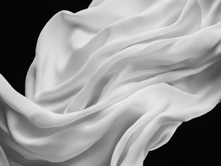 Soft folds of monochrome fabric flow seamlessly against a dark backdrop, creating a captivating interplay of light and shadow. The elegance of the material showcases artistic fluidity and texture.の素材