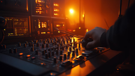 Sunlight streams through a window, casting a warm glow on the complex array of knobs and controls of a police radio. A hand adjusts the settings, highlighting the intricacies of the device.の素材