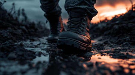 Boots tread firmly through a muddy path as twilight casts a warm, orange glow on the landscape. Each step signifies resolve in the face of the elements.の素材