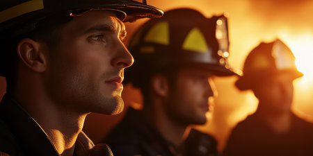Under the glow of firelight, a firefighter stands resolute alongside fellow firefighters.の素材