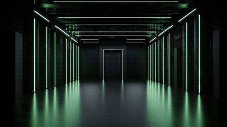 A luxurious corridor with sleek black walls is brought to life by striking neon green lights. The modern design creates a remarkable atmosphere in an upscale futuristic setting.の素材