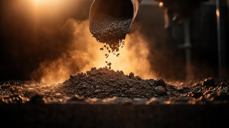 Fresh cement is carefully poured from a mixer, creating a cloud of dust as sunlight filters through, highlighting the intricate details of this construction activity at dawn.の素材
