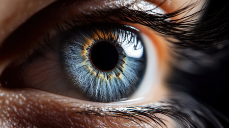 In this ultra closeup, intricate patterns of a human eye iris display striking contrasts of color and texture.の素材