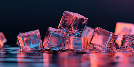 Shimmering cubes rest in still water, their surfaces capturing soft light in shades of pink and blue. This captivating arrangement invites contemplation and evokes a serene mood.の素材