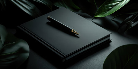 A macro view captures a sleek black notebook and a shiny pen placed on a dark surface, surrounded by lush green leaves. The interplay of light and shadow creates a tranquil atmosphere.の素材