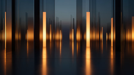 In the twilight, reflective glass panels create an enchanting interplay of light and shadows, illuminating a tranquil, artistic space filled with vertical forms and warmth.の素材