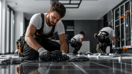 Expert technicians are busy installing a high-tech floor heating system in a stylish and contemporary home.の素材