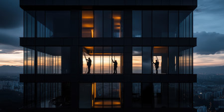 As dusk settles over the city, workers carefully install towering glass windows into place, revealing a stunning skyline. The warm glow from inside hints at life within the structure.の素材
