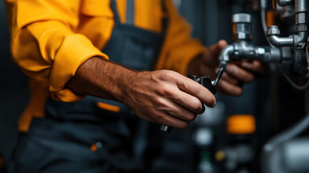 In a well-equipped workshop, a skilled plumber is focused on tightening a metal pipe with a wrench. The bright orange sleeves contrast against the metallic tools and equipment surrounding him.の素材