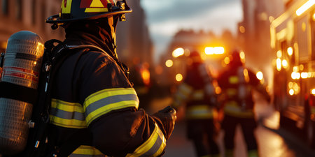 A determined paramedic grips essential equipment, preparing for urgent assistance. The backdrop reveals an emergency responding team amid a dramatic sunset in an urban setting.の素材
