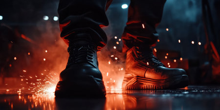In a busy workshop, a skilled welder works intensely, while bright sparks fly around. The atmosphere is filled with energy and the glowing remnants of heated metal, creating an exhilarating spectacle.の素材