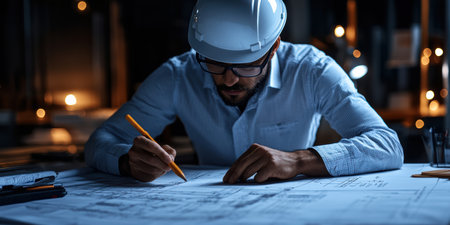 A focused engineer sketches architectural plans at a dimly lit workspace. The modern construction helmet rests beside blueprints, highlighting the blend of safety and creativity in design.の素材