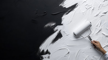 A painter's roller glides over a striking black surface, leaving behind a fresh layer of white paint. The act of transformation captures the essence of creativity in motion, revealing artistry.の素材