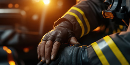 A paramedic grips the edge of an emergency vehicle, showcasing concentration and readiness. The warm glow of lights highlights the dedication and intensity of the moment on a busy evening.の素材