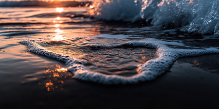 As the sun sets, the last trace of a beachgoer's footprint slowly disappears into the gentle waves, leaving behind a fleeting memory on the sandy shore.の素材