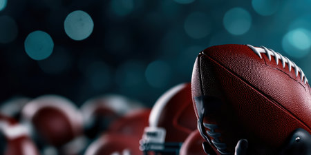 A collection of American footballs and helmets creates a rich texture, illuminated by an artistic blue backdrop, evoking the excitement and energy of game day in a dramatic atmosphere.の素材