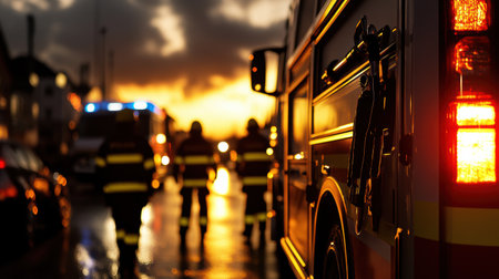 Close-up showcases a fire axe alongside a police baton and medical equipment, symbolizing the readiness and collaboration of first responders during a crucial intervention at dusk.の素材