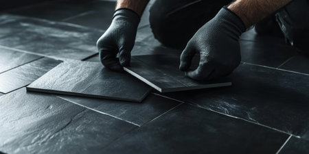 Gloved hands diligently position elegant dark ceramic tiles on a newly prepared kitchen floor. The meticulous arrangement showcases craftsmanship and attention to detail.の素材